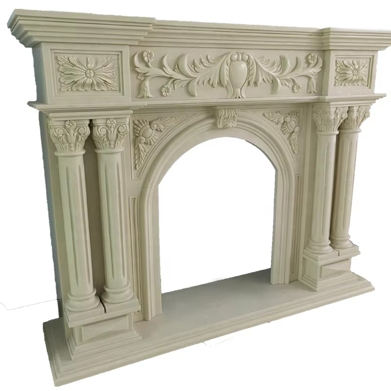 Marble fireplace, European style double Roman column fireplace frame, carved decoration