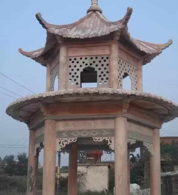 Shitingzi Outdoor Hexagonal Rural Chinese Stone Granite Marble Sunset Red Hemp Stone Carving Pavillion Customization