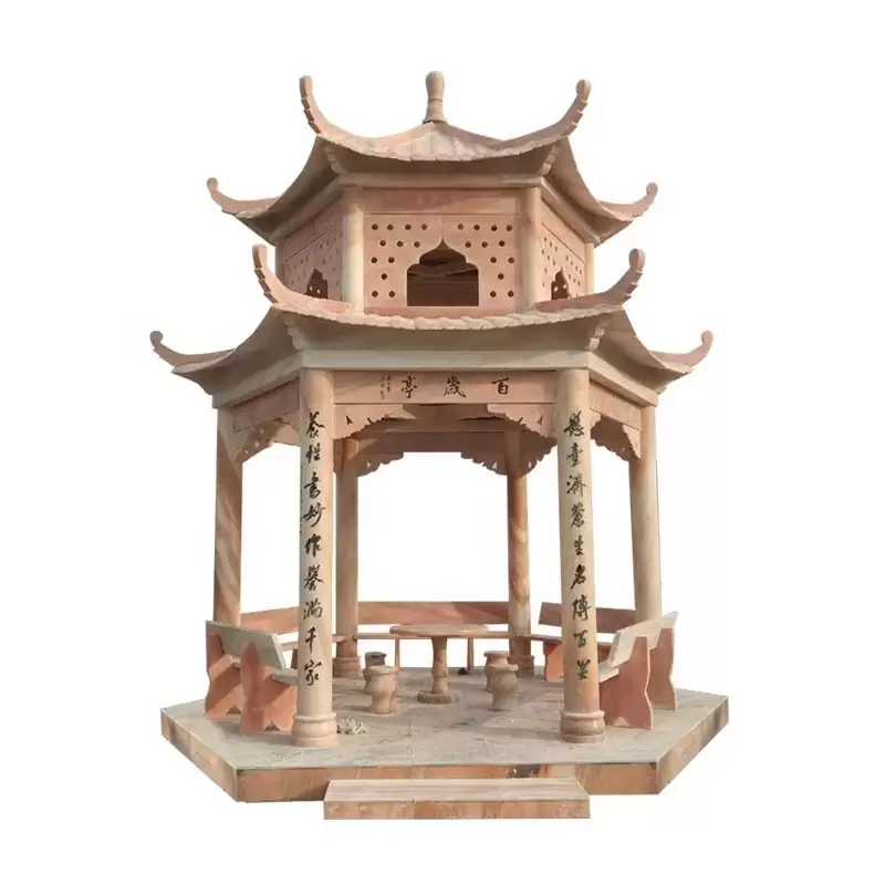 Shitingzi Outdoor Hexagonal Rural Chinese Stone Granite Marble Sunset Red Hemp Stone Carving Pavillion Customization - Image 3