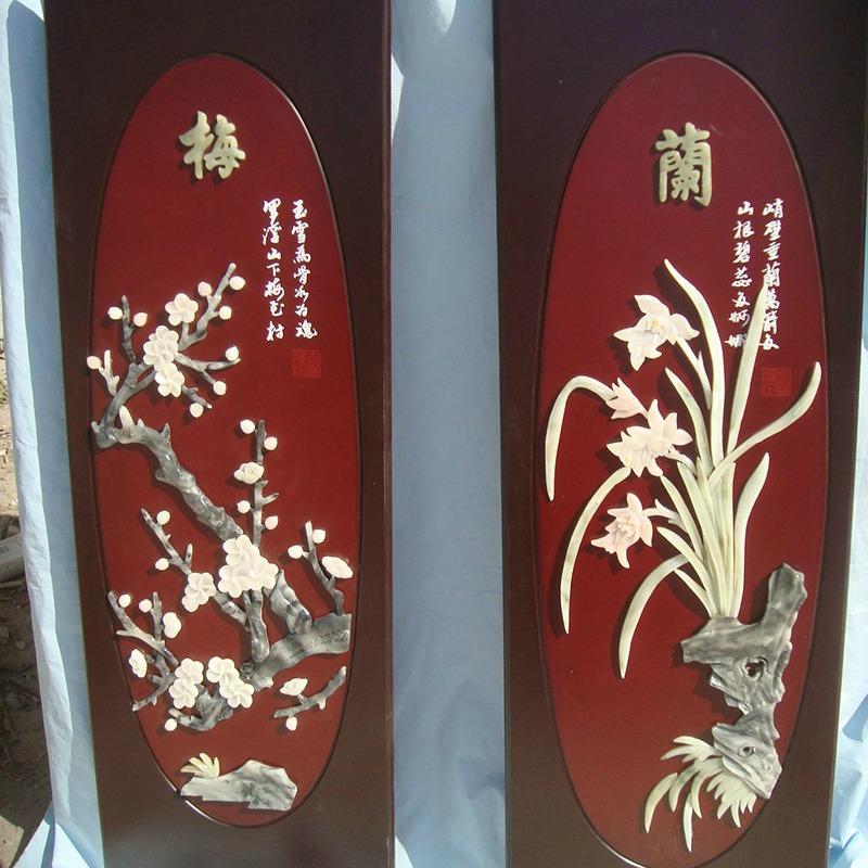 A large amount of natural talc jade four fan screen finely carved spring, summer, autumn, winter jade paintings for home decor