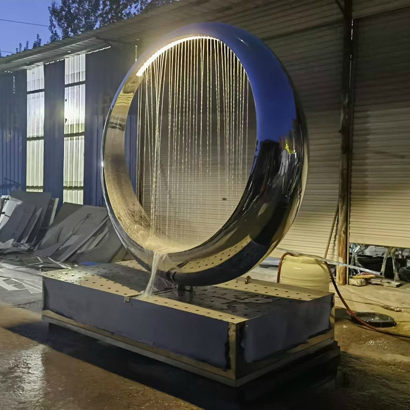 Customized large stainless steel sculpture with Mobius circular ring, glowing moon, metal ornament, outdoor flowing ribbon