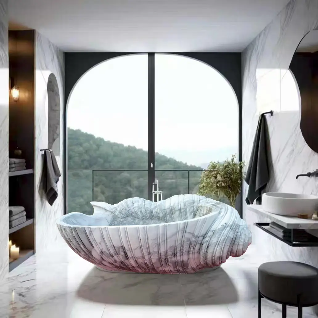 Natural marble integrated bathtub, high-end villa bathroom shower basin, standalone stone bathtub