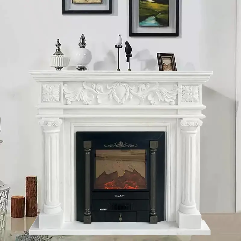 Natural marble European white rice fireplace stand with European decorative carving. Customized stone carving cabinet for the villa living room.