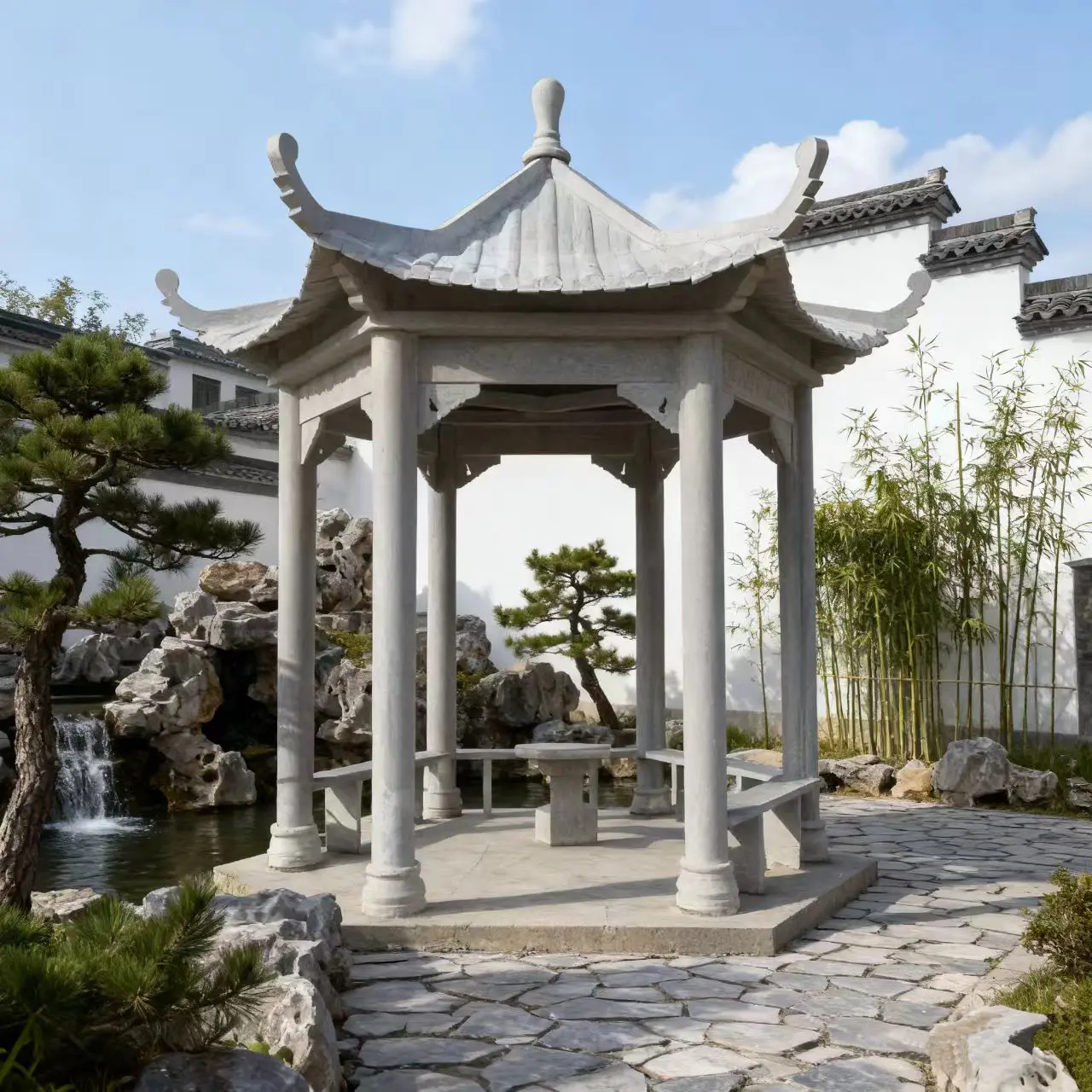 Outdoor stone pavilion, hexagonal granite and marble stone pavilion, custom-made Chinese-style stone pavilion for villa