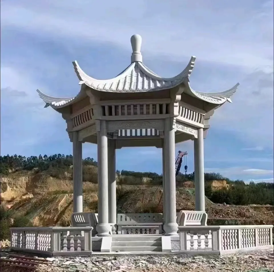 Outdoor stone pavilion, hexagonal granite and marble stone pavilion, custom-made Chinese-style stone pavilion for villa - Image 7