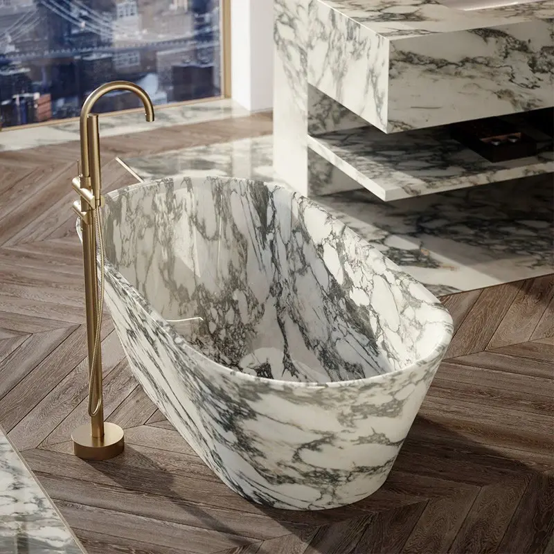 Natural large white marble integrated bathtub for creative luxury style hotel villa, new model bathtub - Image 3