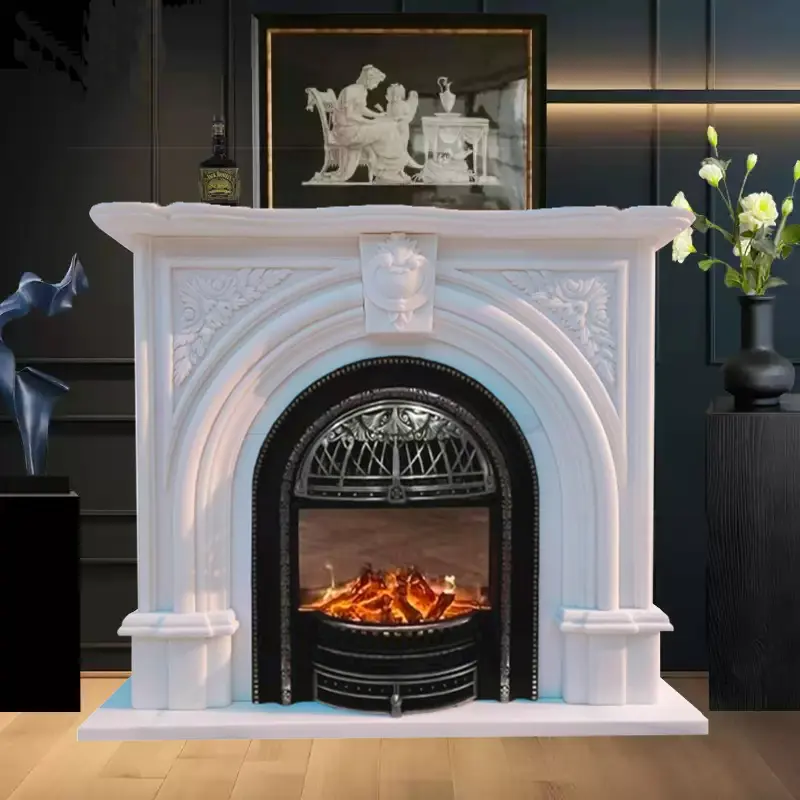 Marble fireplace, white marble European-style arched door, villa living room stone-carved fireplace, decorative cabinet, natural stone fireplace mantel.