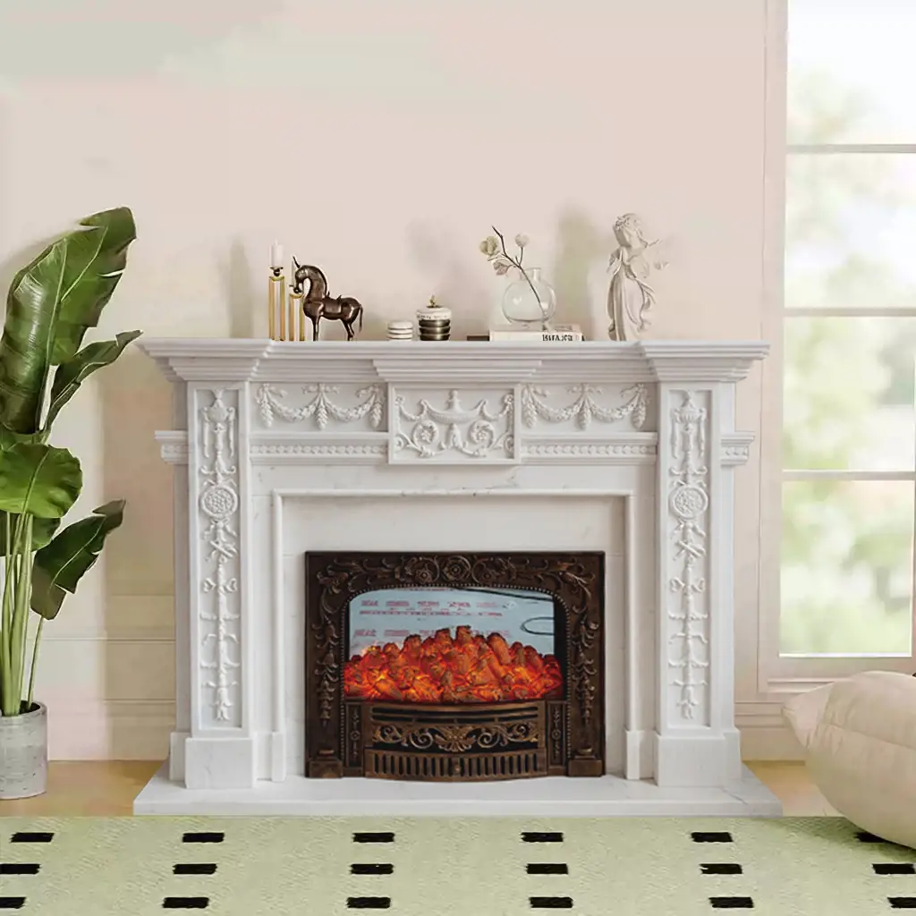 Marble European carved fireplace, white marble American simple French fireplace, villa living room decoration cabinet and ornaments.