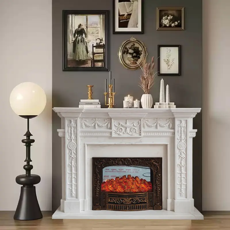 Marble European carved fireplace, white marble American simple French fireplace, villa living room decoration cabinet and ornaments. - Image 3
