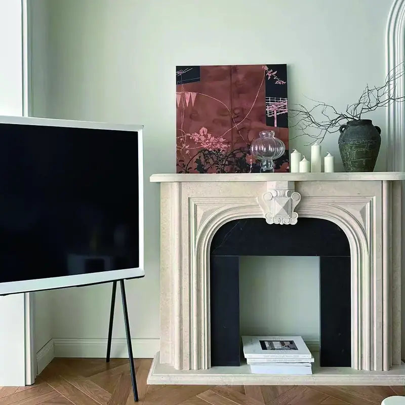 Natural marble Egyptian beige fireplace for living room, stone fireplace, European-American modern minimalist fireplace decorative cabinet