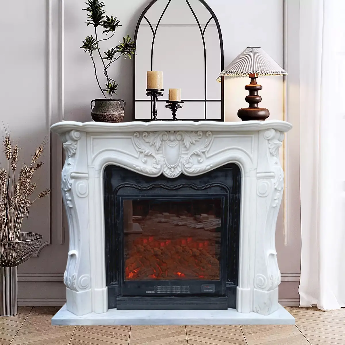 Stone-carved marble fireplace, natural white marble large-flower white stone fireplace, French modern living room decoration cabinet and display item - Image 2