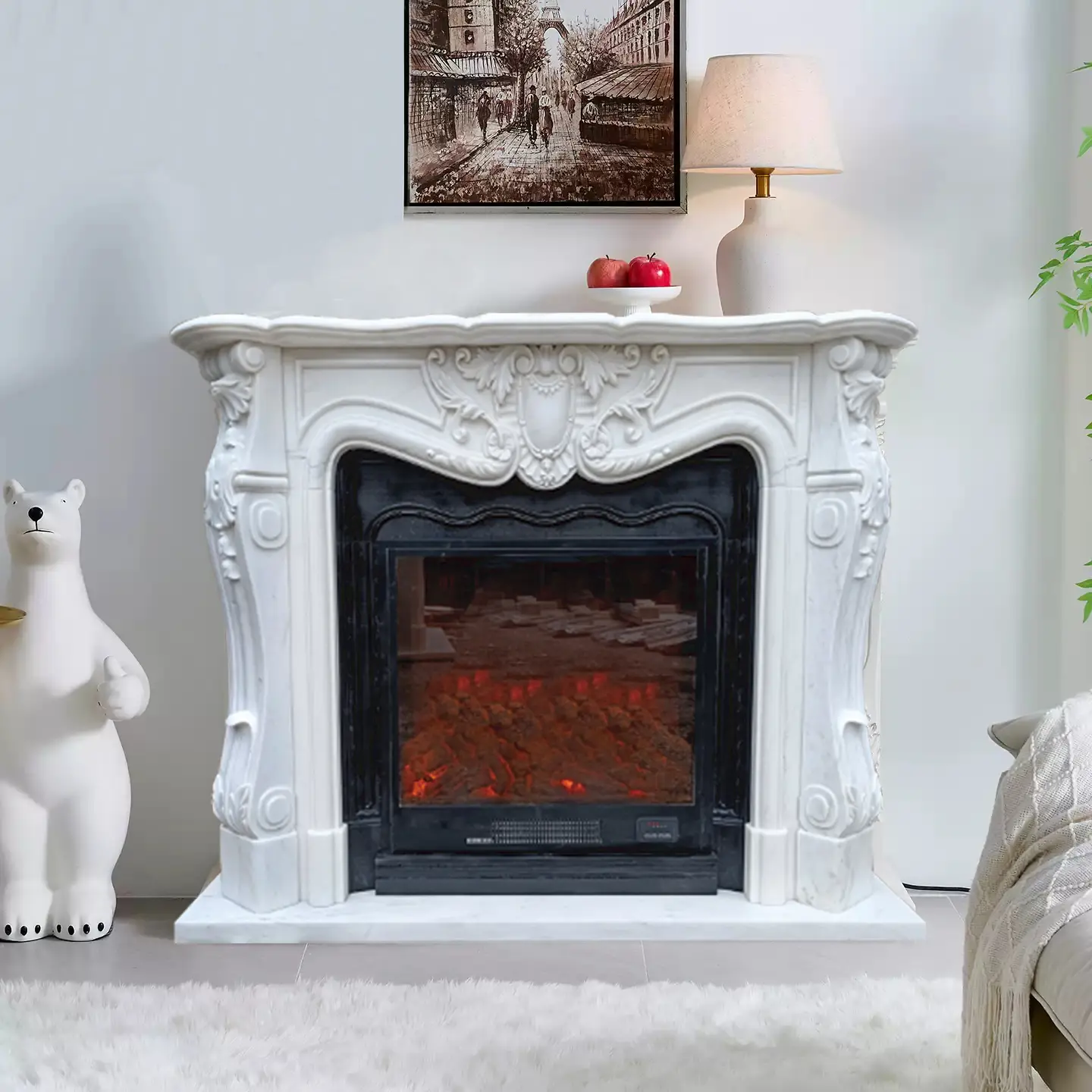 Stone-carved marble fireplace, natural white marble large-flower white stone fireplace, French modern living room decoration cabinet and display item - Image 3