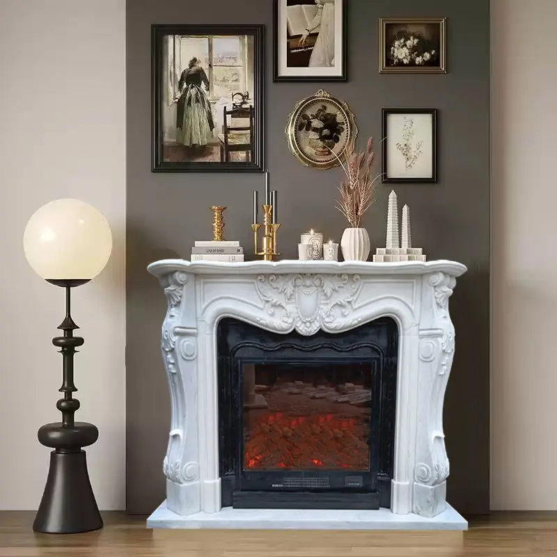 Stone-carved marble fireplace, natural white marble large-flower white stone fireplace, French modern living room decoration cabinet and display item - Image 4