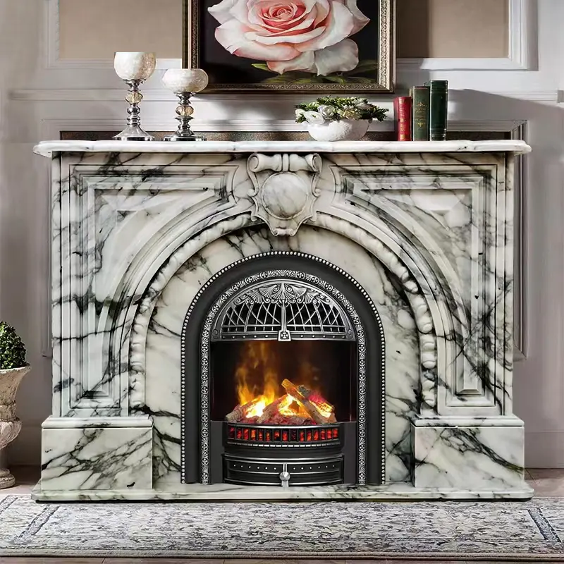French-style retro living room with marble fireplace, American modern and simple natural large-flower white stone fireplace mantel and decorative cabinet