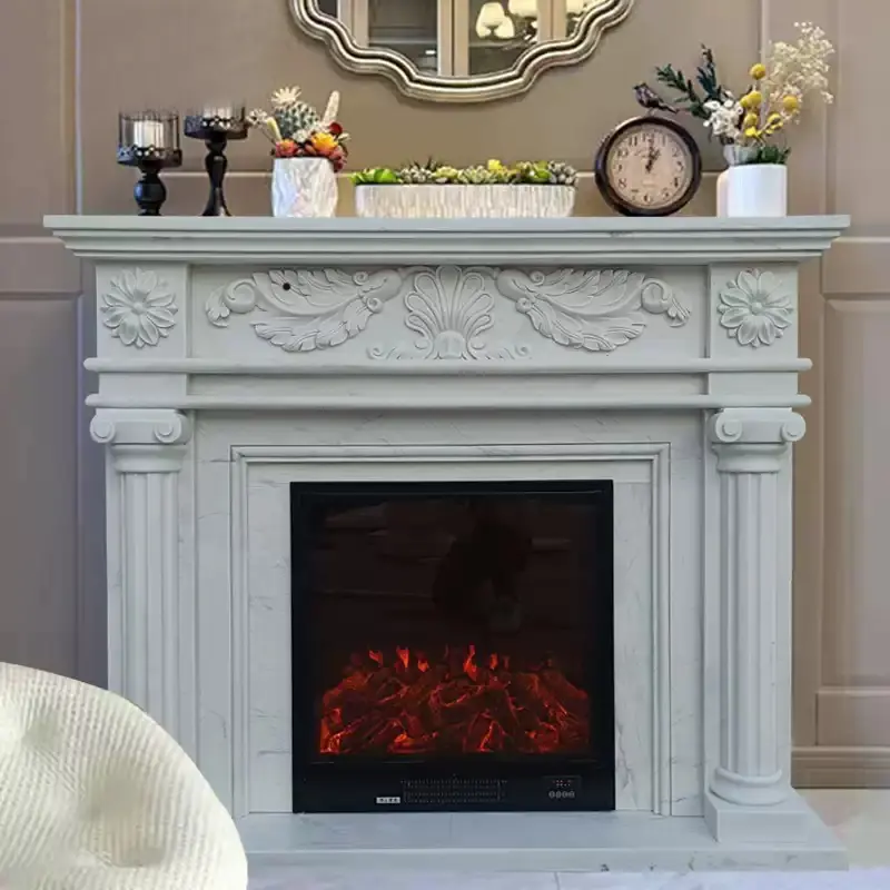 New classical French style European American simple white marble fireplace for living room decoration.