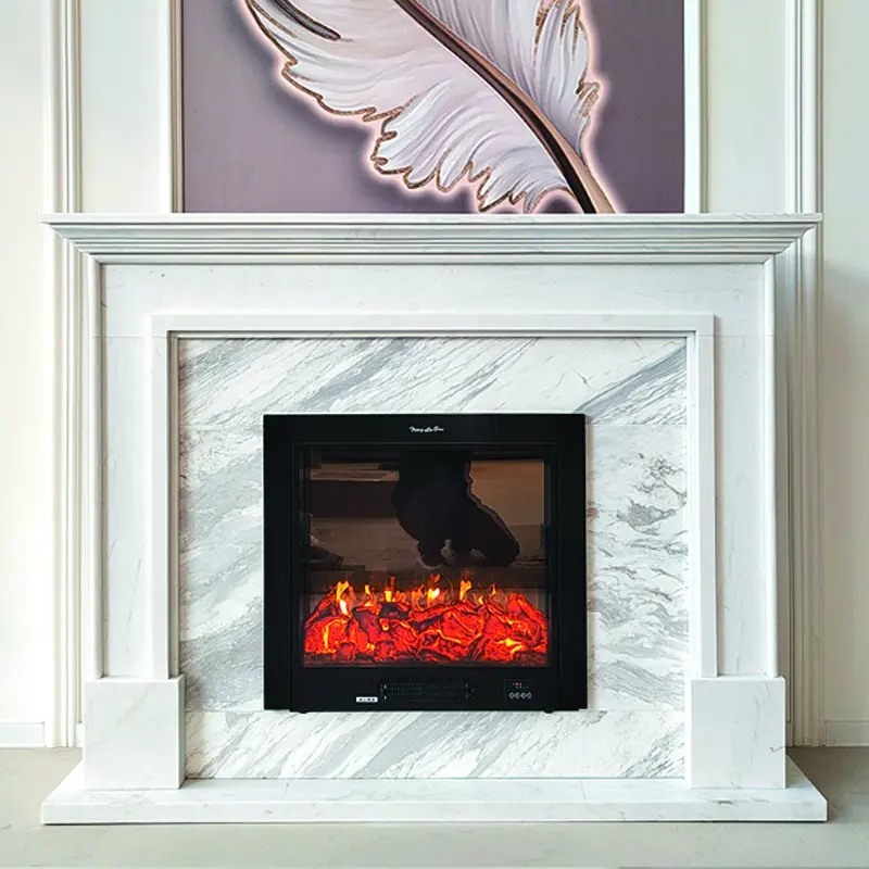 Marble fireplace, European and American style living room decoration, French interior background wall, relief, white marble sculpture, lines, fireplace.