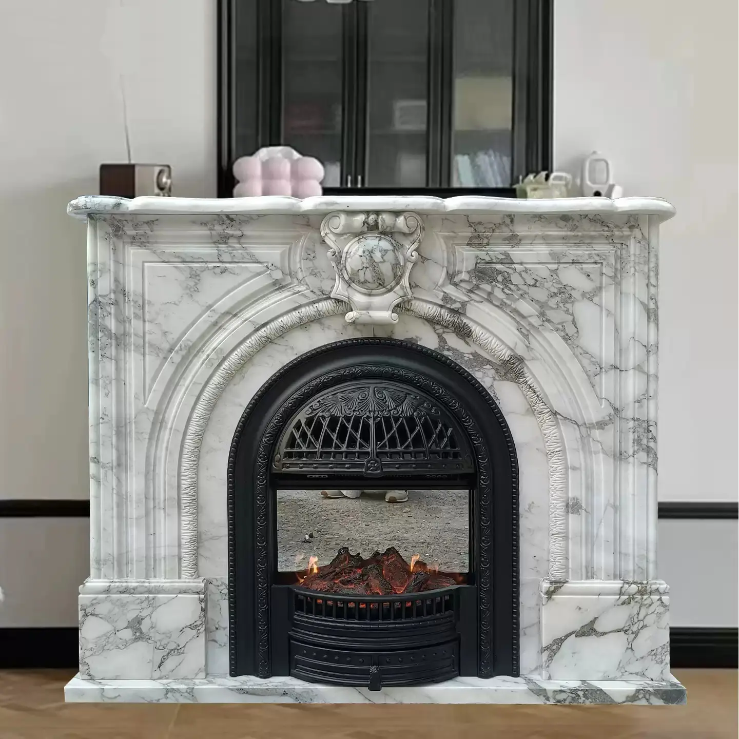 Marble fireplace, French and American retro living room, natural large white stone carving, stone fireplace mantel, entrance decoration cabinet