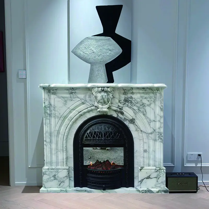 Marble fireplace, French and American retro living room, natural large white stone carving, stone fireplace mantel, entrance decoration cabinet - Image 4