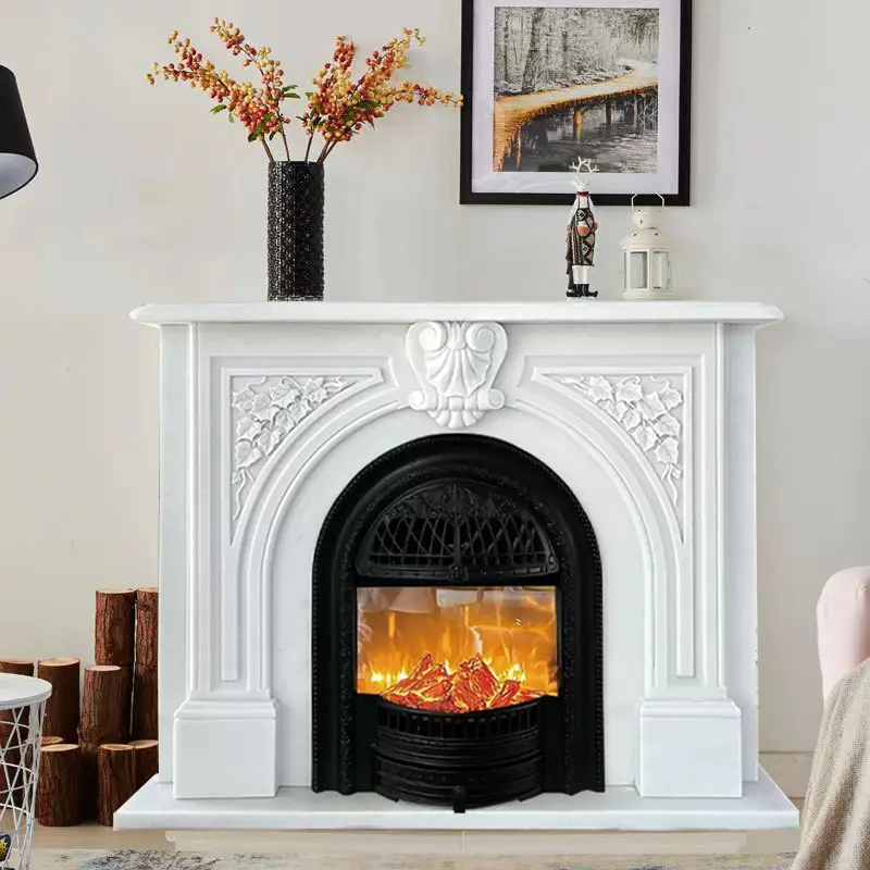 European-style marble fireplace, natural stone marble fireplace, white marble stone, French and American-style fireplace, decorative cabinet