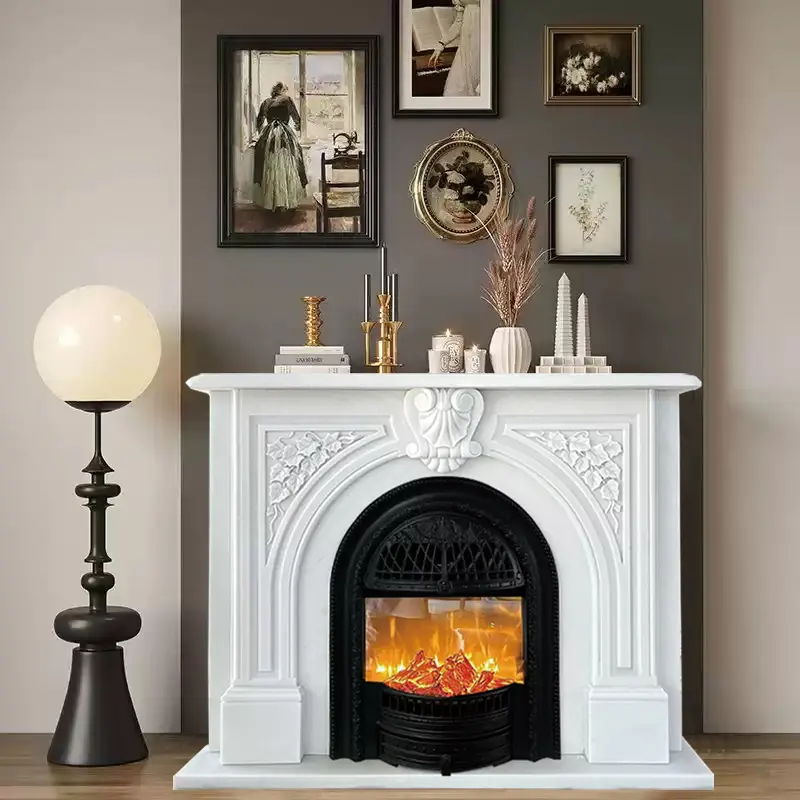 European-style marble fireplace, natural stone marble fireplace, white marble stone, French and American-style fireplace, decorative cabinet - Image 3