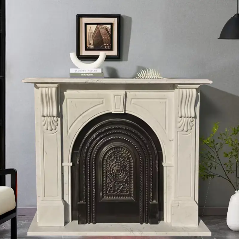 Stone-carved French-style fireplace, marble, vintage stone fireplace, decorative cabinet, indoor living room, entrance hall fireplace, marble
