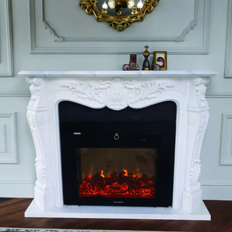 European-style white marble and Dali stone fireplace mantel, imitation heating, simple carved TV cabinet, European-style decorative corner entrance hall.