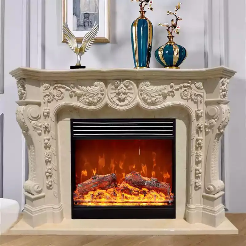 Marble fireplace, European-style villa stone-carved fireplace mantel, American and French living room. Egyptian beige stone fireplace TV cabinet.