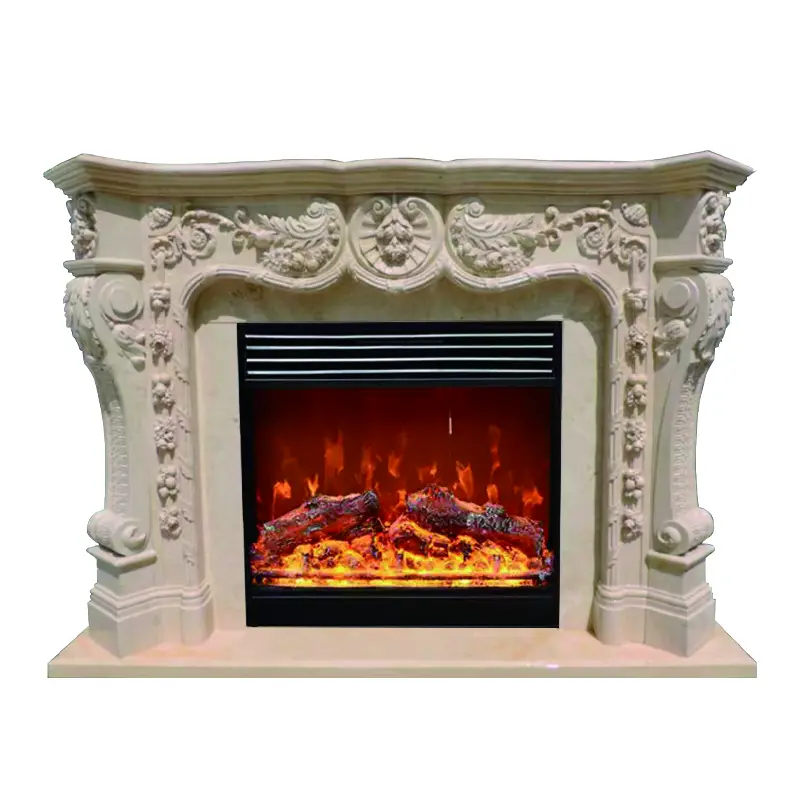 Marble fireplace, European-style villa stone-carved fireplace mantel, American and French living room. Egyptian beige stone fireplace TV cabinet. - Image 5