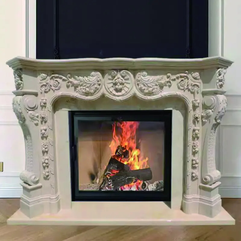 Marble fireplace, European-style villa stone-carved fireplace mantel, American and French living room. Egyptian beige stone fireplace TV cabinet. - Image 2