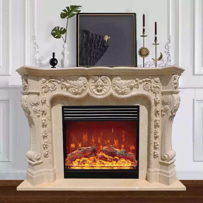 Marble fireplace, European-style villa stone-carved fireplace mantel, American and French living room. Egyptian beige stone fireplace TV cabinet. - Image 3