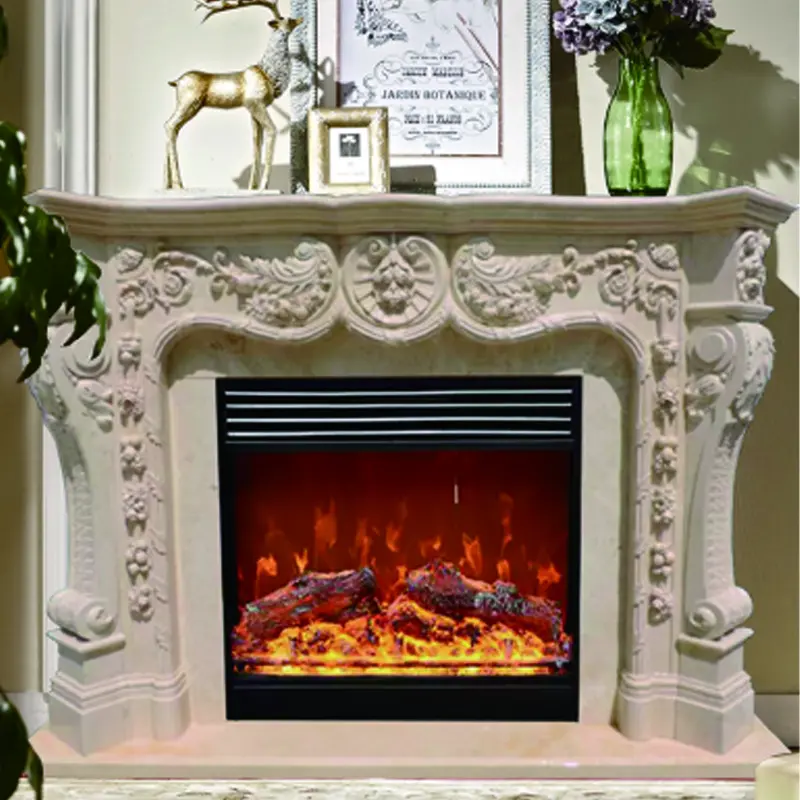 Marble fireplace, European-style villa stone-carved fireplace mantel, American and French living room. Egyptian beige stone fireplace TV cabinet. - Image 4