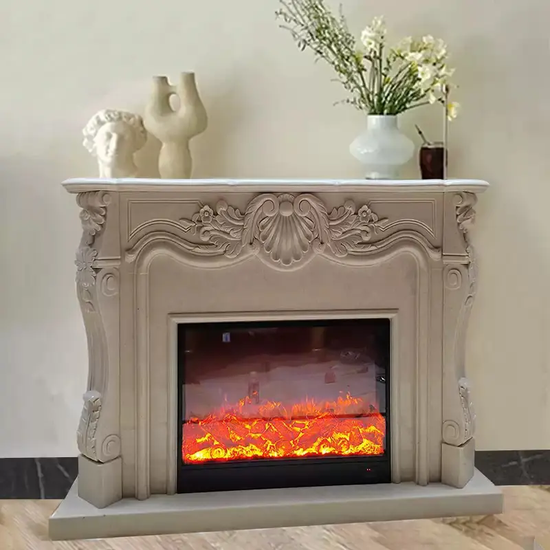 Marble mantelpiece, Ultraman beige indoor European-style background wall, entrance hall, French modern stone decorative cabinet - Image 2