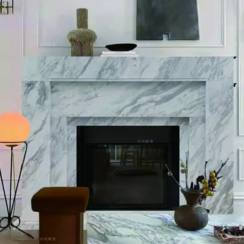 Marble stone-carved fireplace, light luxury and simple home decoration, living room TV cabinet, modern French jazz white fireplace stand. - Image 2