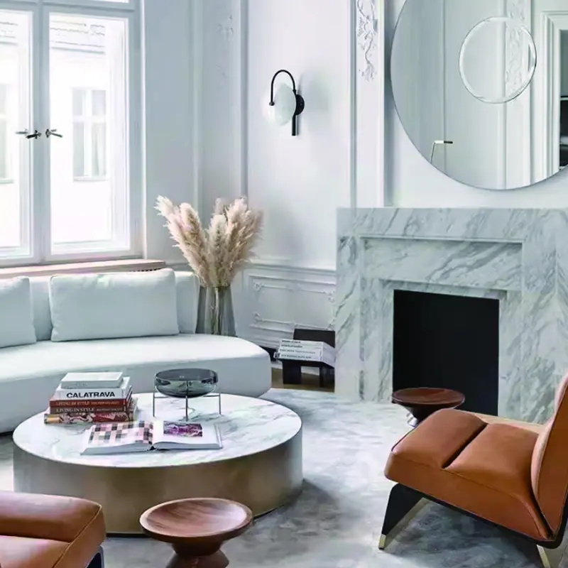 Marble stone-carved fireplace, light luxury and simple home decoration, living room TV cabinet, modern French jazz white fireplace stand.