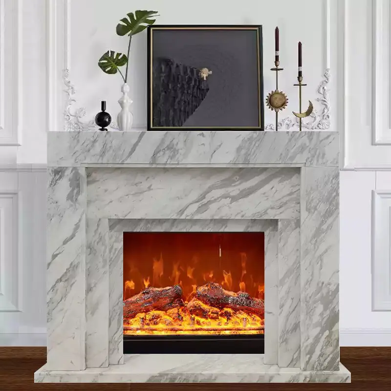 Marble stone-carved fireplace, light luxury and simple home decoration, living room TV cabinet, modern French jazz white fireplace stand. - Image 3