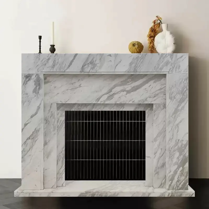 Marble stone-carved fireplace, light luxury and simple home decoration, living room TV cabinet, modern French jazz white fireplace stand. - Image 4