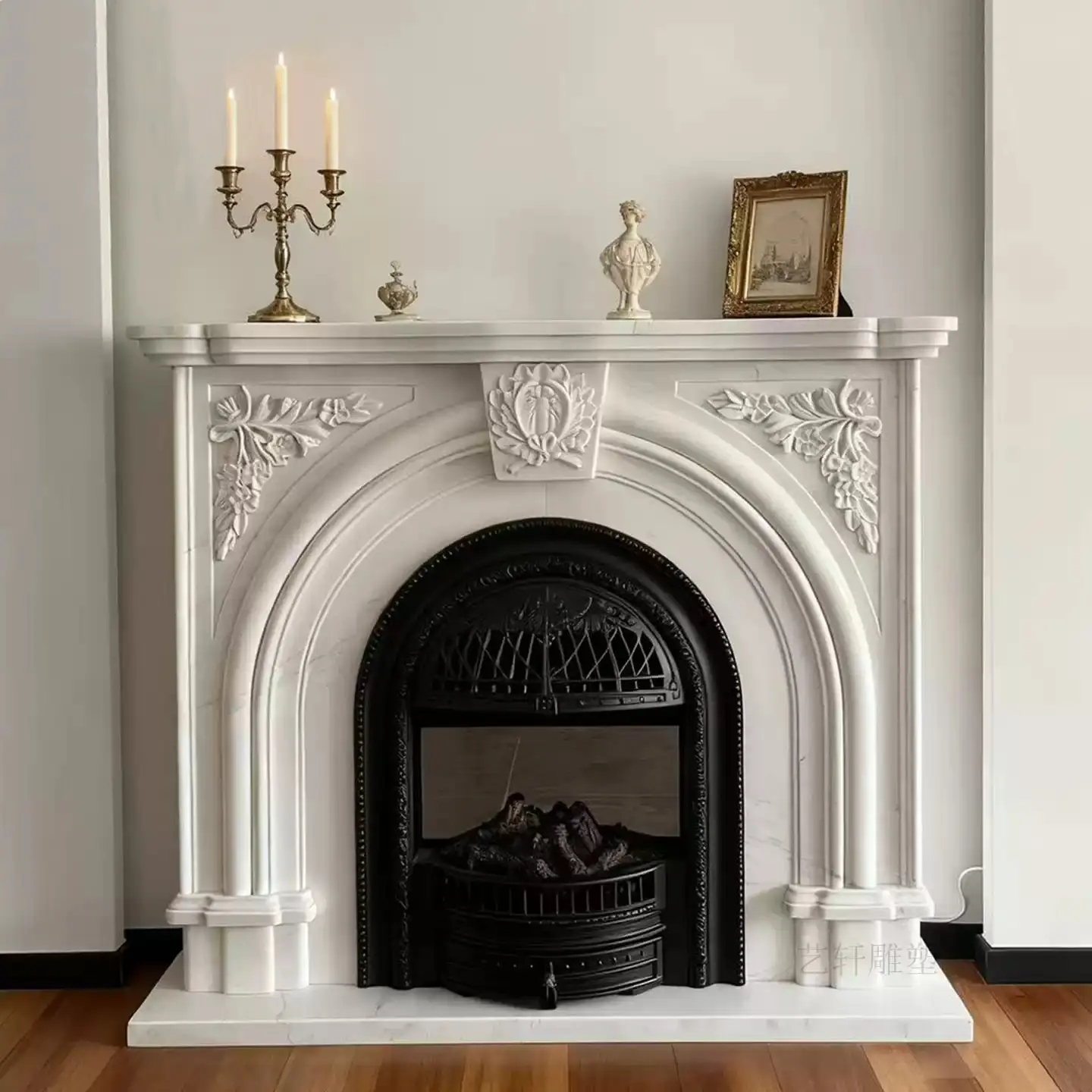 Natural marble French fireplace mantel, white marble stone, American and European style villa living room decorative cabinet, stone carving custom-made.