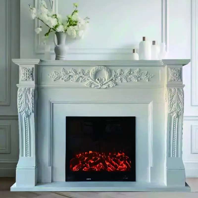 Natural marble stone carving, white jade carving, decorative fireplace, European-style TV background wall, stone carving for villa living room fireplace stand