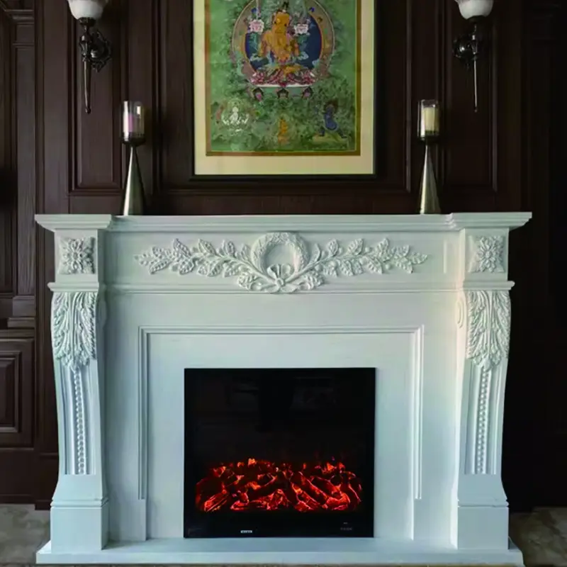 Natural marble stone carving, white jade carving, decorative fireplace, European-style TV background wall, stone carving for villa living room fireplace stand - Image 2