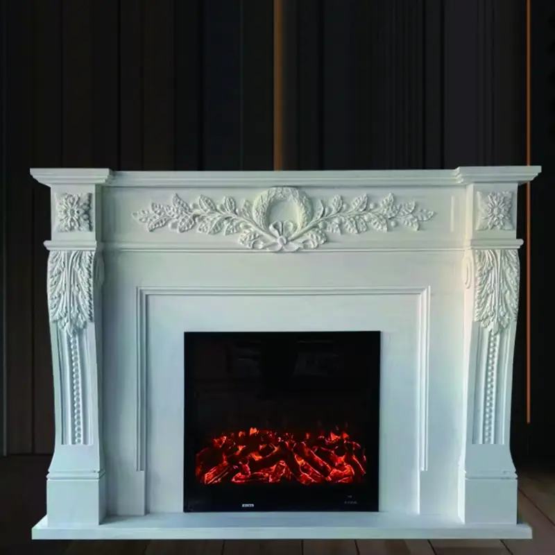 Natural marble stone carving, white jade carving, decorative fireplace, European-style TV background wall, stone carving for villa living room fireplace stand - Image 3