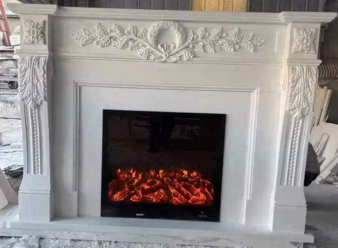 Natural marble stone carving, white jade carving, decorative fireplace, European-style TV background wall, stone carving for villa living room fireplace stand - Image 6