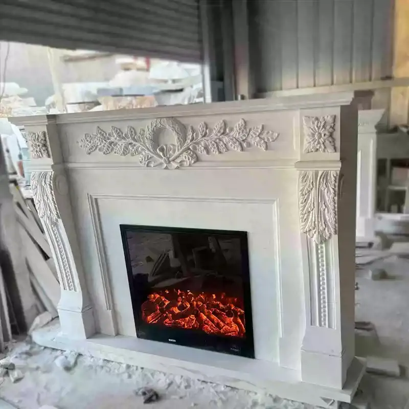 Natural marble stone carving, white jade carving, decorative fireplace, European-style TV background wall, stone carving for villa living room fireplace stand - Image 7