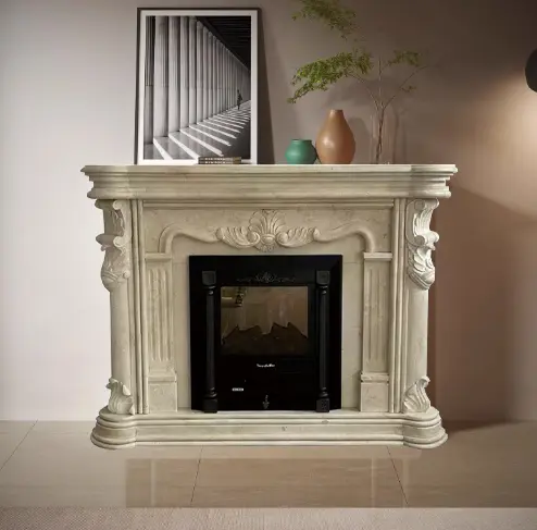 Custom-made marble fireplace mantel with natural stone, French and European style carvings, indoor living room, Guanxuan decorative cabinet and ornaments.