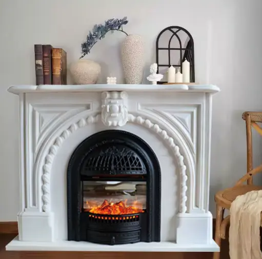 Marble fireplace, white jade French arch stone carving, vintage indoor foyer decorative cabinet, decorative stone fireplace stand.