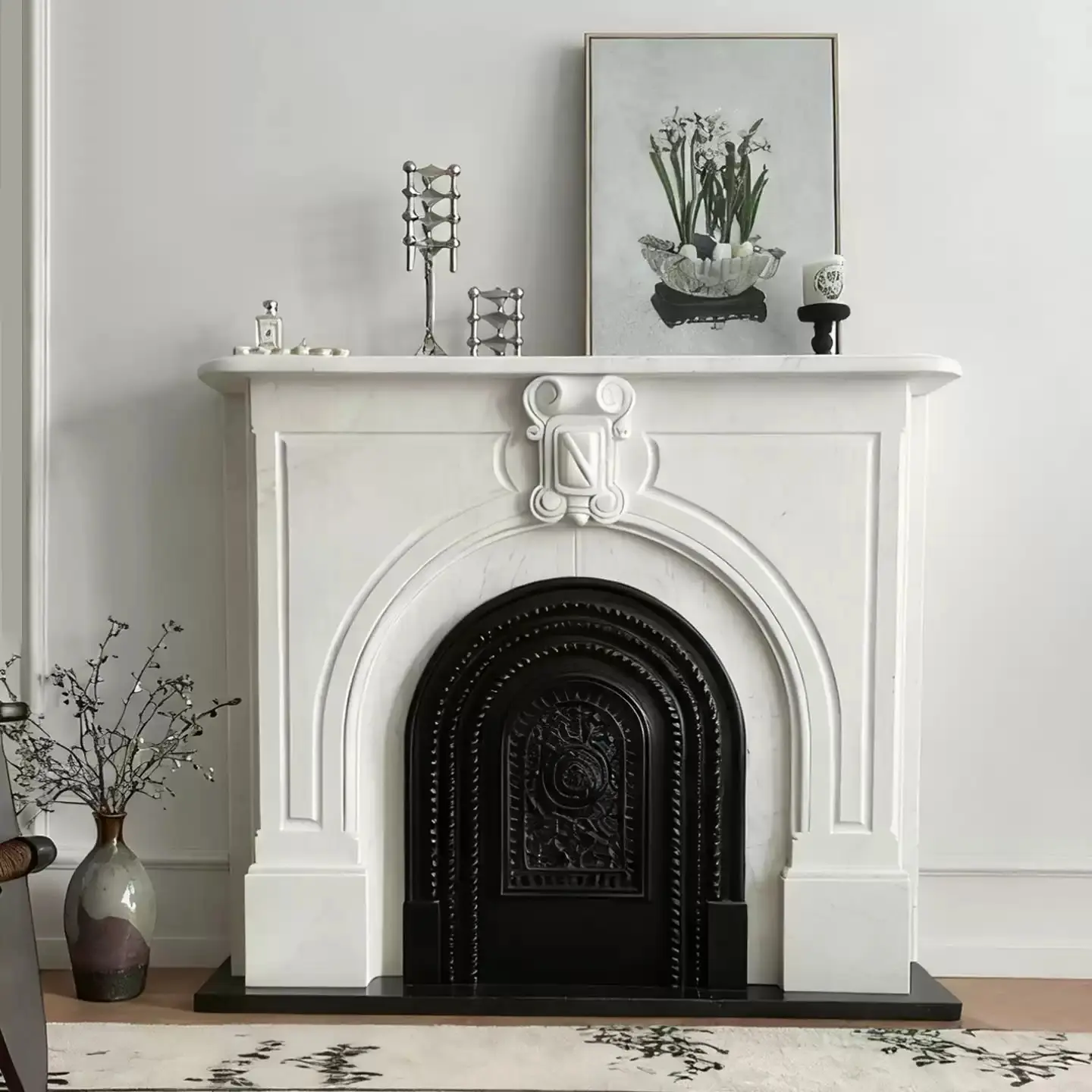 Natural marble fireplace mantel, French retro, simple and modern, light luxury, white marble living room stone fireplace decorative cabinet