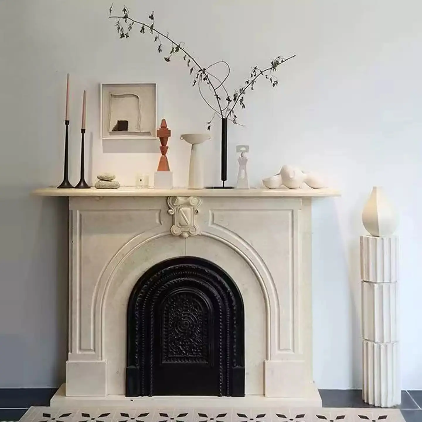 Natural marble fireplace mantel, French retro, simple and modern, light luxury, white marble living room stone fireplace decorative cabinet - Image 2