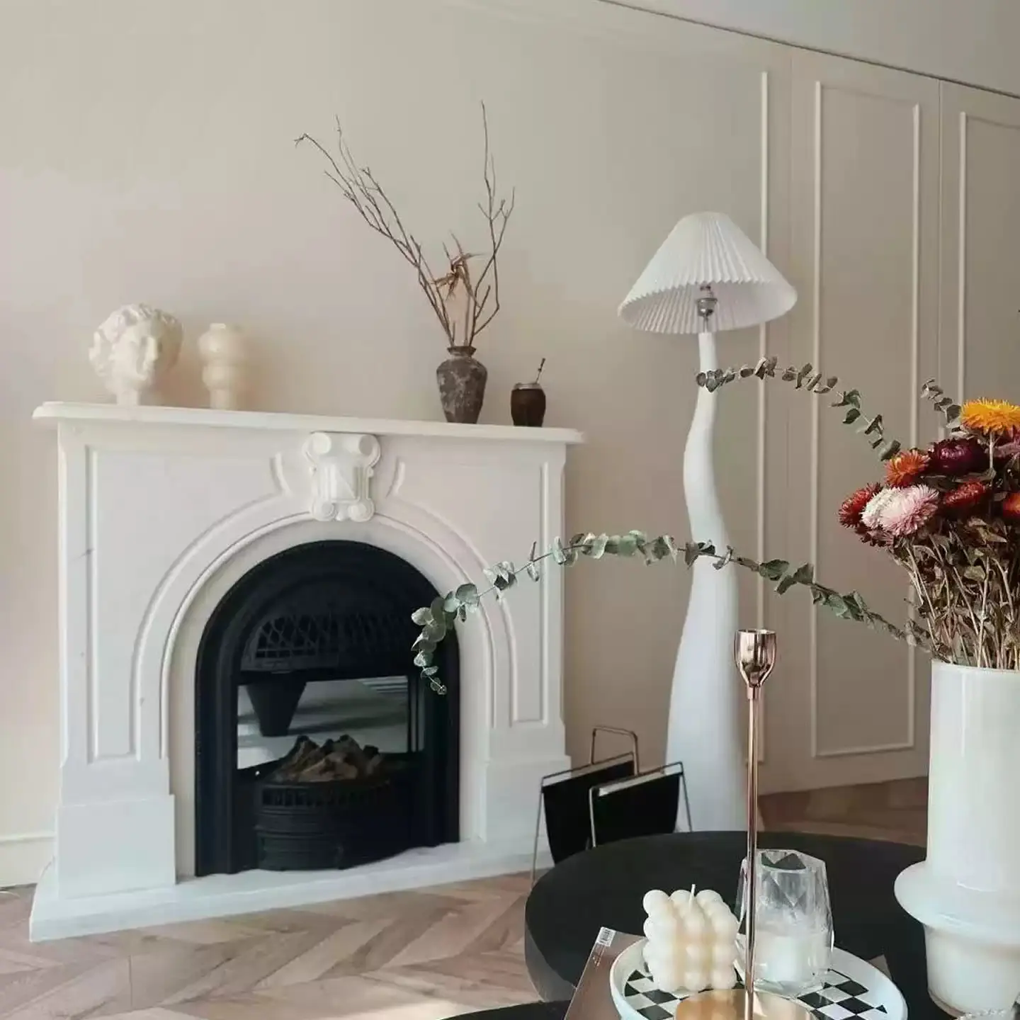 Natural marble fireplace mantel, French retro, simple and modern, light luxury, white marble living room stone fireplace decorative cabinet - Image 4