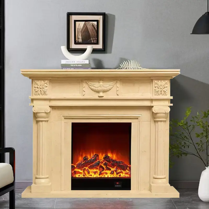 Marble French-style fireplace mantel indoor floor-standing home living room stone decorative item fireplace European custom stone carving beige - Image 3