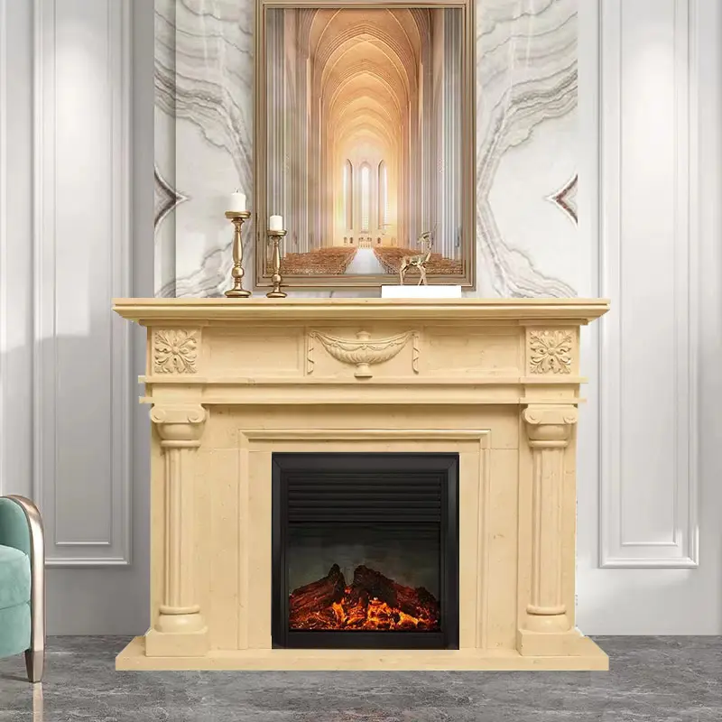 Marble French-style fireplace mantel indoor floor-standing home living room stone decorative item fireplace European custom stone carving beige - Image 4