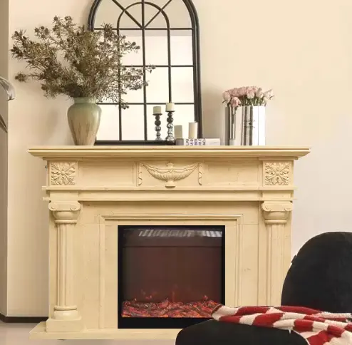 Marble French-style fireplace mantel indoor floor-standing home living room stone decorative item fireplace European custom stone carving beige - Image 2